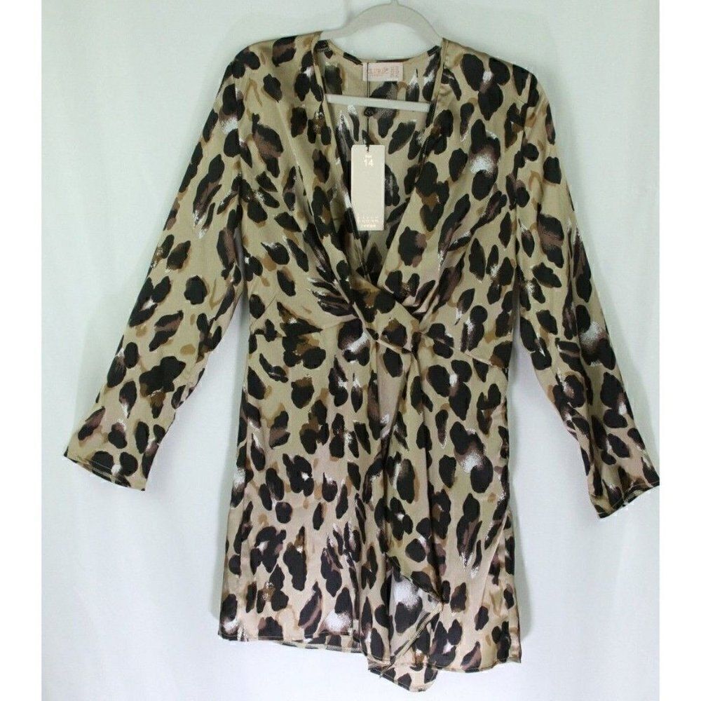 Club London Leopard Midi Dress Flowy V Neck Twist Front Long Sleeve US 10 NWT